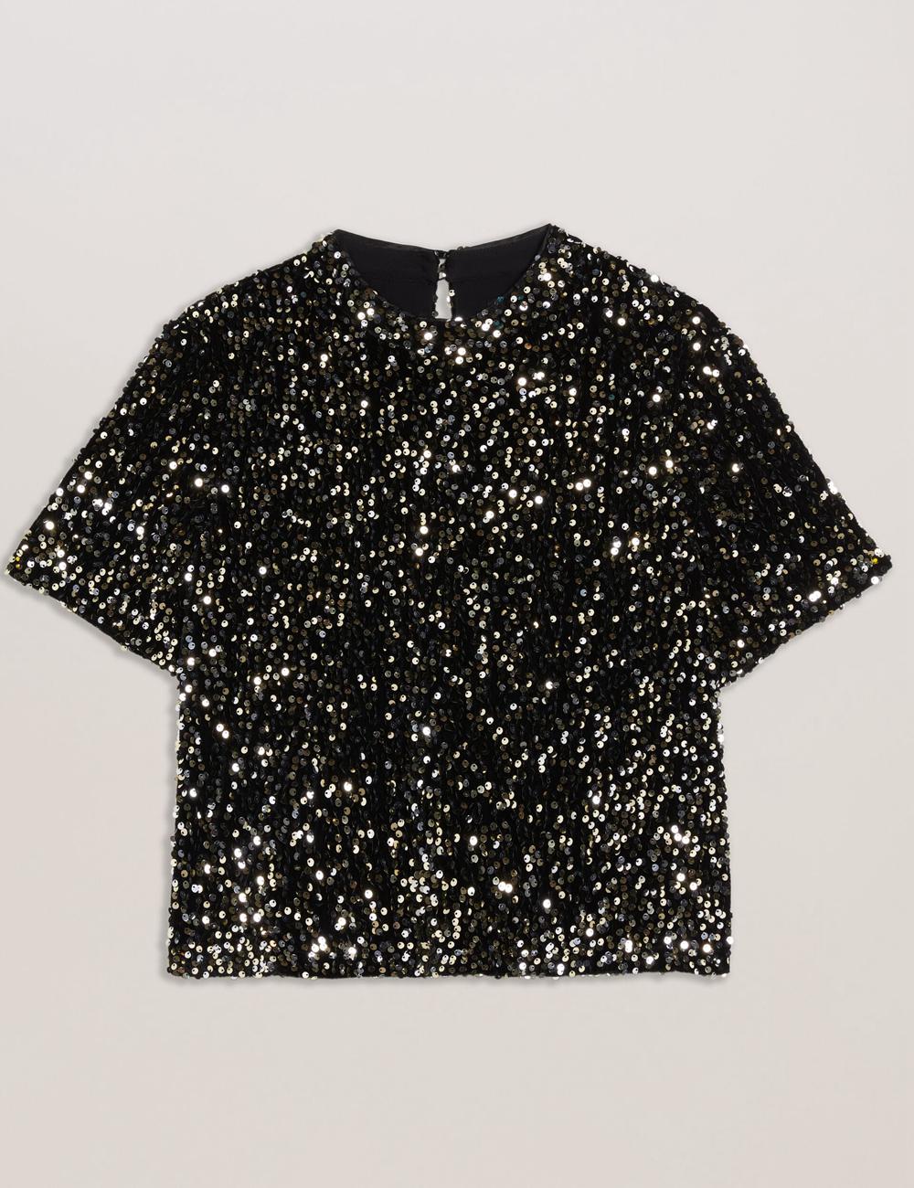 Ted Baker ZARHAAA - Sequined Velvet Short Sleeve Top シャツ レディース 黒 | Japan  QGET-19830