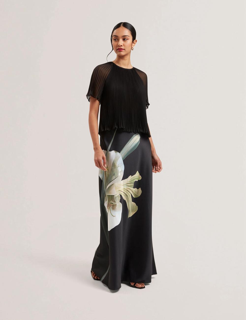 Ted Baker ZIONNA - Floral Print Detail Satin スカート レディース 黒 | Japan  JHRB-86253